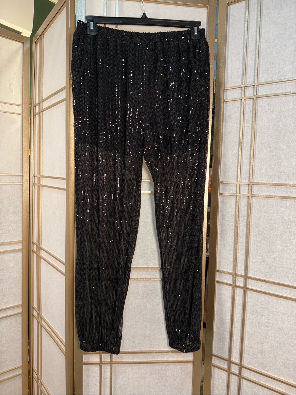 Black Sequin Elastic-Waist Joggers